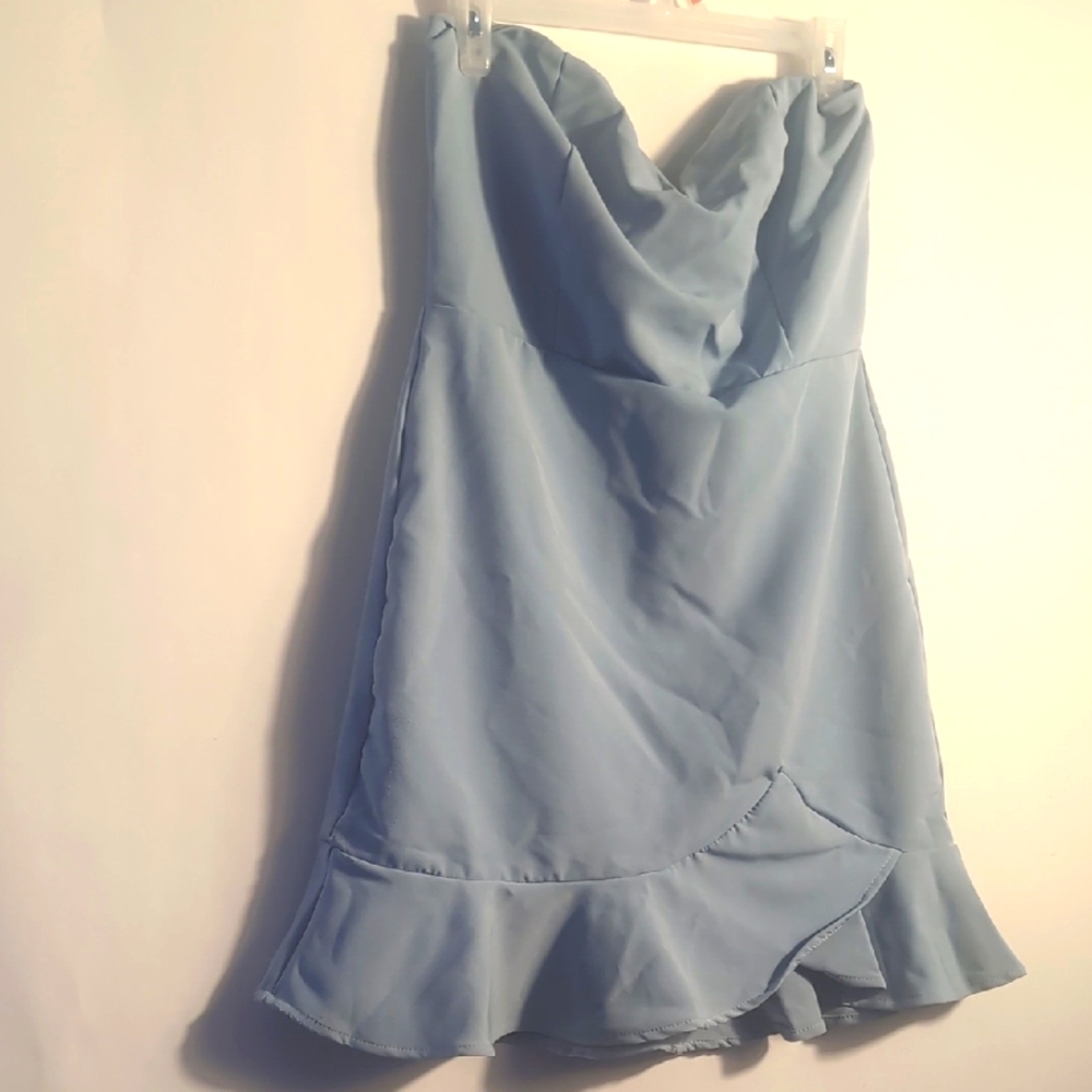 Ruffle Hem Faux Wrap Surplice Blue  Dress by She & Sky Strapless Dress